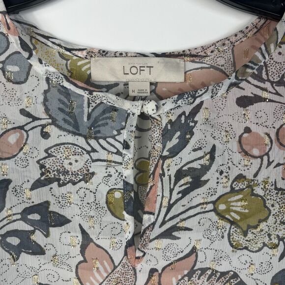 Ann Taylor Loft Shift Dress Women's Medium Pink Gold Floral Ruffle Sleeves Midi - Picture 6 of 9